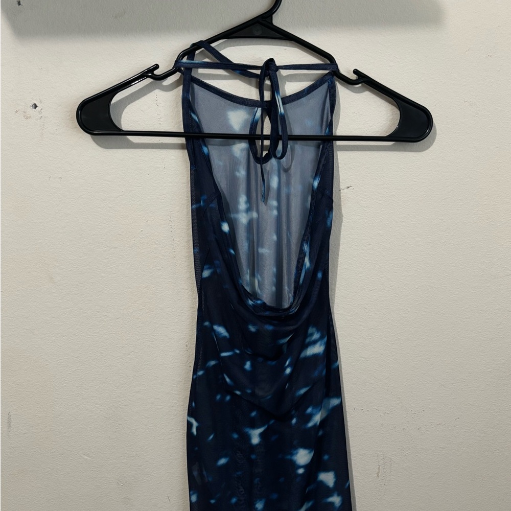 Blue Tie-Dye Sheer Halter Dress